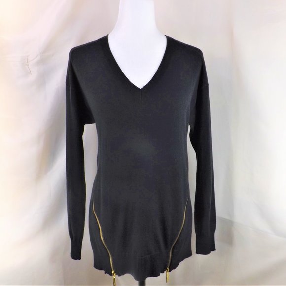 MICHAEL Michael Kors Brown Cotton w Angora Side Zippers V-Neck Sweater Top M - Picture 2 of 15